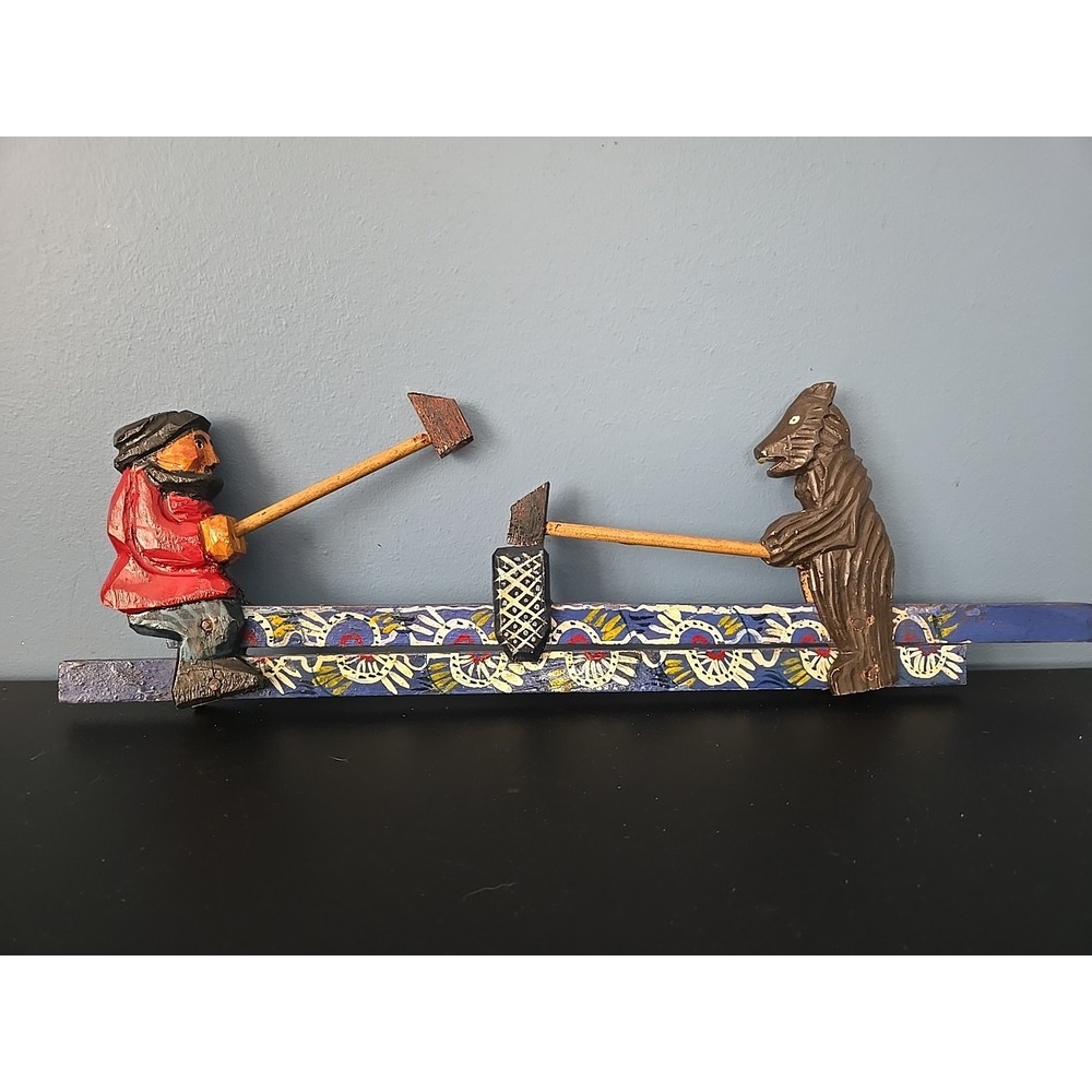 Carved Wood Toy Man Bear Hammering Blacksmith Slide Pull Lumberjack Handpainted